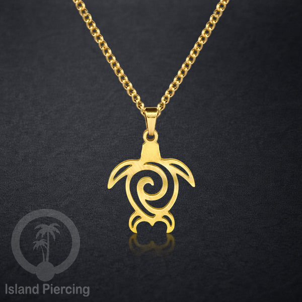 Kalung Stainless dengan Liontin kecil warna Gold inspirasi Laut. Lumba2, Kura2, Surfer, Ombak..