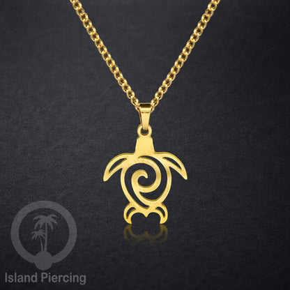 Kalung Stainless dengan Liontin kecil warna Gold inspirasi Laut. Lumba2, Kura2, Surfer, Ombak..