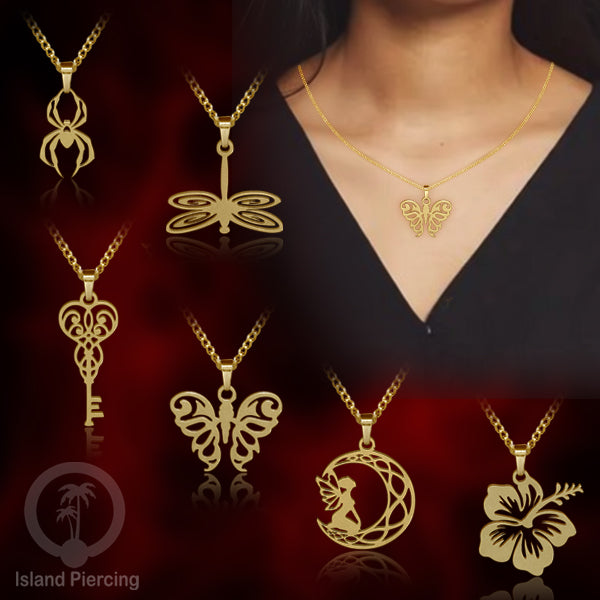 Perhiasan Stainless Kalung Liontin kecil warna Gold  motif Bunga, Dragonfly, Kunci, Fairy, Butterfly, Spider