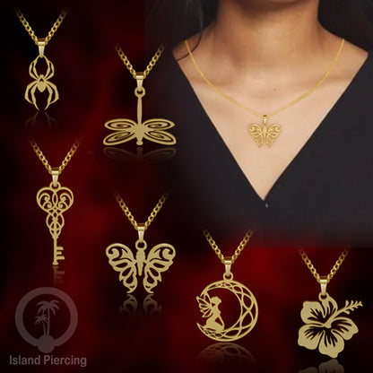 Perhiasan Stainless Kalung Liontin kecil warna Gold  motif Bunga, Dragonfly, Kunci, Fairy, Butterfly, Spider