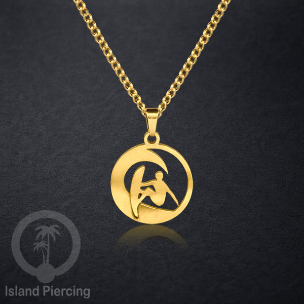 Kalung Stainless dengan Liontin kecil warna Gold inspirasi Laut. Lumba2, Kura2, Surfer, Ombak..
