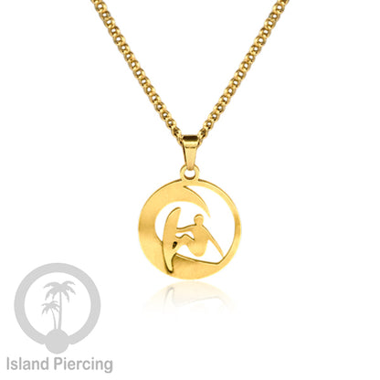 Kalung Stainless dengan Liontin kecil warna Gold inspirasi Laut. Lumba2, Kura2, Surfer, Ombak..
