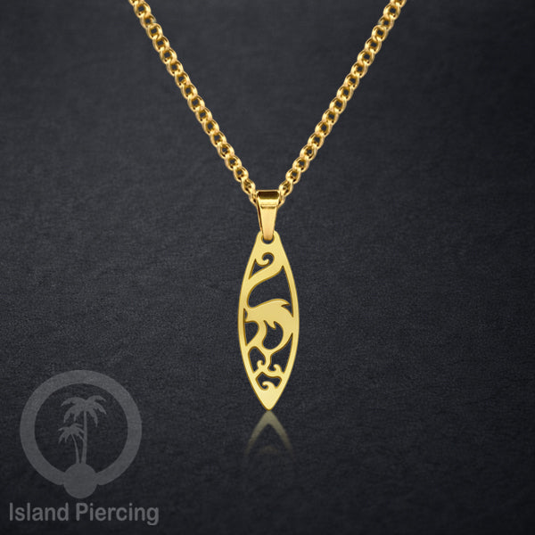 Kalung Stainless dengan Liontin Surf warna Gold. Banyak variasi Bandul Surf Board Necklace