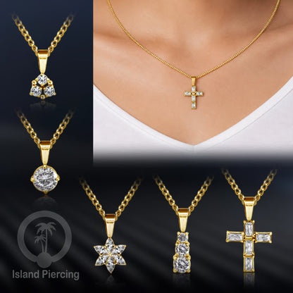 Liontin kecil warna gold dengan Kristal Zircon. Steel Necklace with Zirconia Crystals