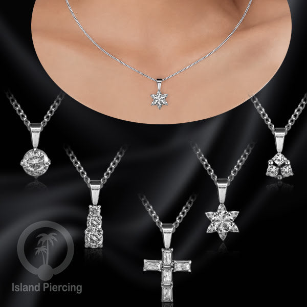 Liontin kecil warna silver dengan Kristal Zircon. Steel Necklace with Zirconia Crystals