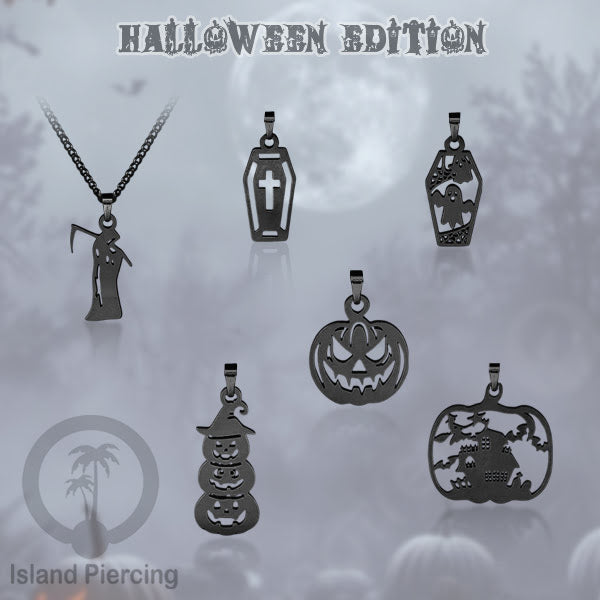 Necklace Halloween Kalung Stainless warna hitam Liotin motif gothic tengkorak, peti, sihir