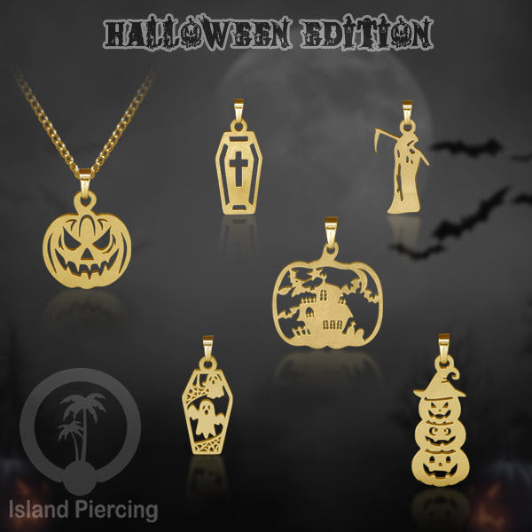 Necklace Halloween Kalung Stainless warna gold Liotin motif gothic tengkorak, peti, sihir