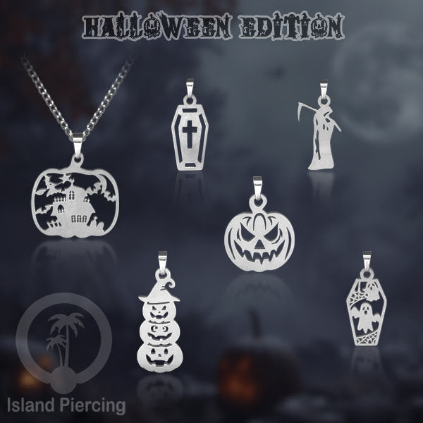 Necklace Halloween Kalung Stainless warna silver Liotin motif gothic tengkorak, peti, sihir