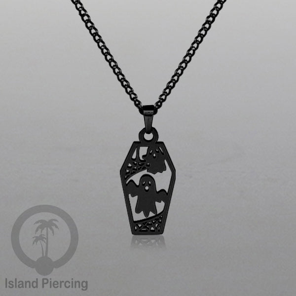 Necklace Halloween Kalung Stainless warna hitam Liotin motif gothic tengkorak, peti, sihir