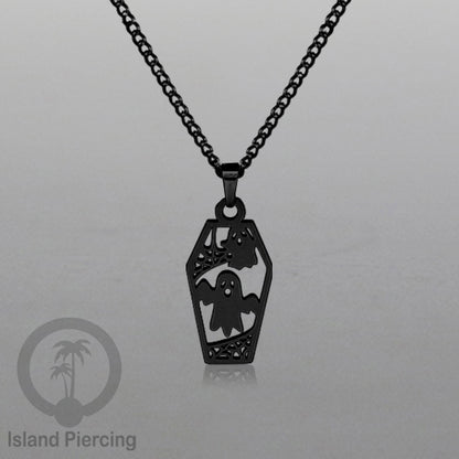 Necklace Halloween Kalung Stainless warna hitam Liotin motif gothic tengkorak, peti, sihir