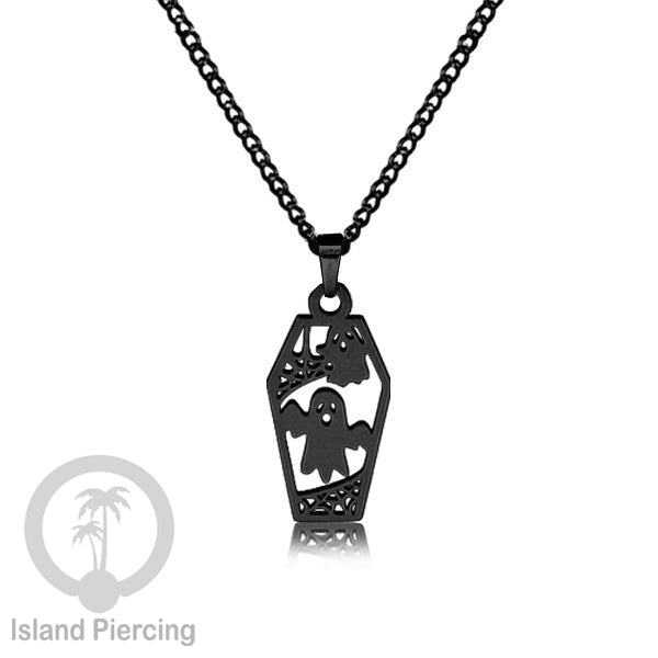 Necklace Halloween Kalung Stainless warna hitam Liotin motif gothic tengkorak, peti, sihir