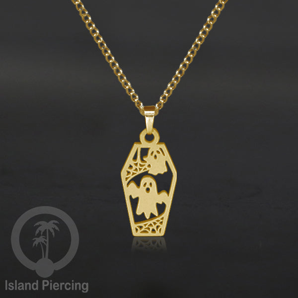 Necklace Halloween Kalung Stainless warna gold Liotin motif gothic tengkorak, peti, sihir