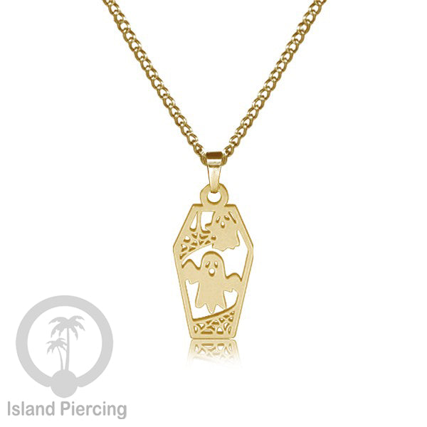 Necklace Halloween Kalung Stainless warna gold Liotin motif gothic tengkorak, peti, sihir