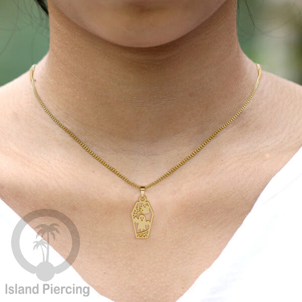 Necklace Halloween Kalung Stainless warna gold Liotin motif gothic tengkorak, peti, sihir