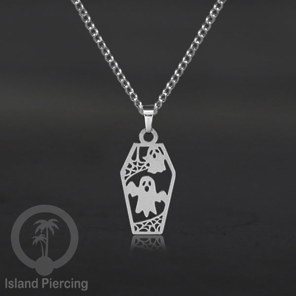 Necklace Halloween Kalung Stainless warna silver Liotin motif gothic tengkorak, peti, sihir