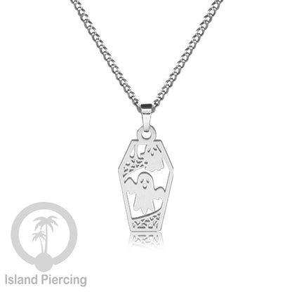 Necklace Halloween Kalung Stainless warna silver Liotin motif gothic tengkorak, peti, sihir