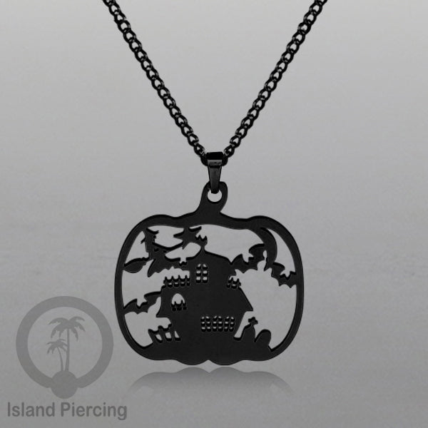 Necklace Halloween Kalung Stainless warna hitam Liotin motif gothic tengkorak, peti, sihir