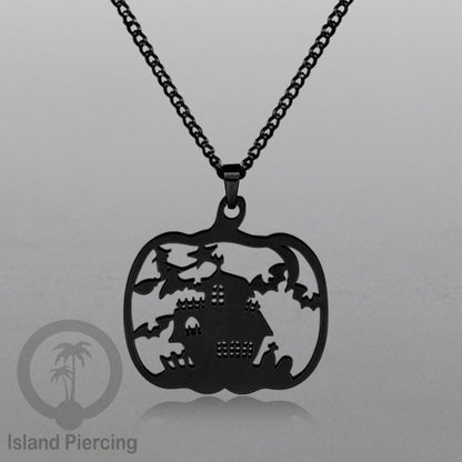 Necklace Halloween Kalung Stainless warna hitam Liotin motif gothic tengkorak, peti, sihir