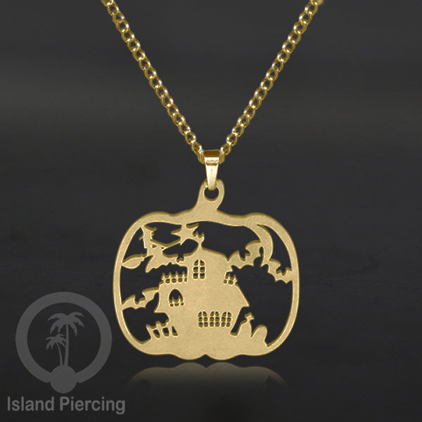 Necklace Halloween Kalung Stainless warna gold Liotin motif gothic tengkorak, peti, sihir