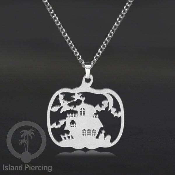 Necklace Halloween Kalung Stainless warna silver Liotin motif gothic tengkorak, peti, sihir
