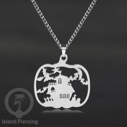 Necklace Halloween Kalung Stainless warna silver Liotin motif gothic tengkorak, peti, sihir