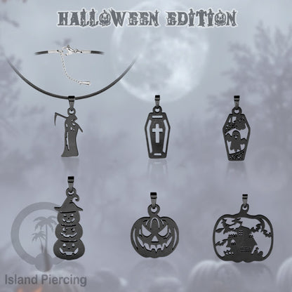 Necklace Halloween Kalung kulit dengan Liotin Stainless warna hitam motif gothic tengkorak, peti, sihir