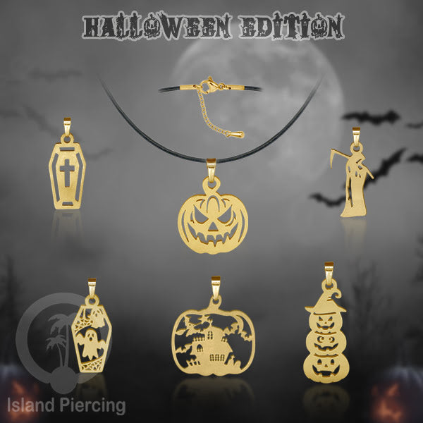 Necklace Halloween Kalung kulit dengan Liotin Stainless warna gold motif gothic tengkorak, peti, sihir
