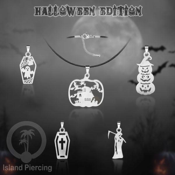 Necklace Halloween Kalung kulit dengan Liotin Stainless warna silver motif gothic tengkorak, peti, sihir