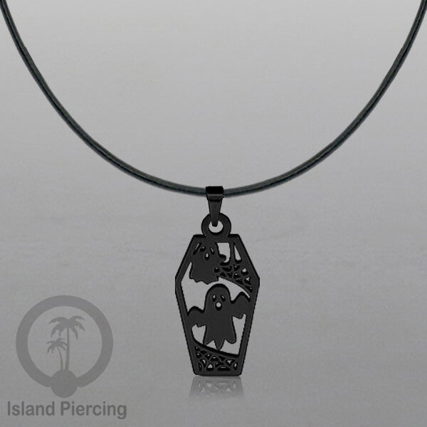 Necklace Halloween Kalung kulit dengan Liotin Stainless warna hitam motif gothic tengkorak, peti, sihir