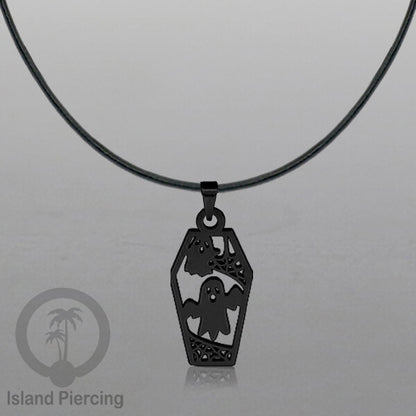 Necklace Halloween Kalung kulit dengan Liotin Stainless warna hitam motif gothic tengkorak, peti, sihir
