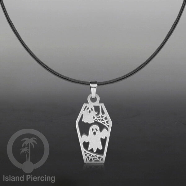 Necklace Halloween Kalung kulit dengan Liotin Stainless warna silver motif gothic tengkorak, peti, sihir