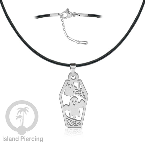 Necklace Halloween Kalung kulit dengan Liotin Stainless warna silver motif gothic tengkorak, peti, sihir