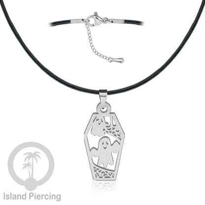 Necklace Halloween Kalung kulit dengan Liotin Stainless warna silver motif gothic tengkorak, peti, sihir