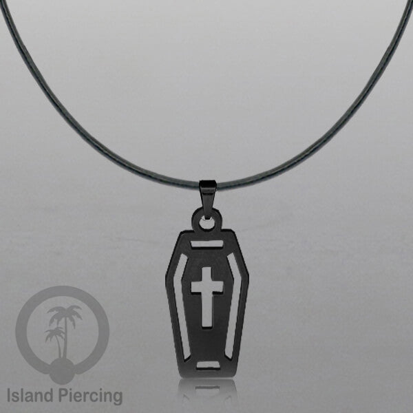 Necklace Halloween Kalung kulit dengan Liotin Stainless warna hitam motif gothic tengkorak, peti, sihir