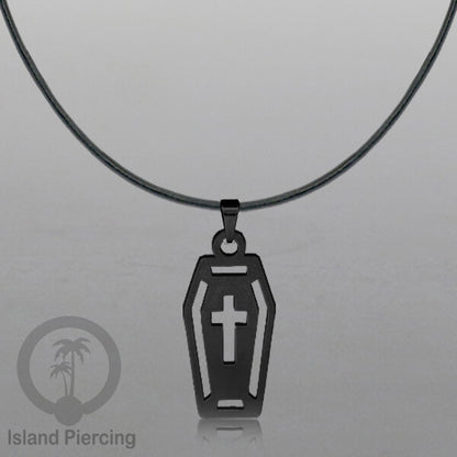 Necklace Halloween Kalung kulit dengan Liotin Stainless warna hitam motif gothic tengkorak, peti, sihir