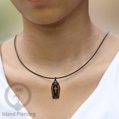 Necklace Halloween Kalung kulit dengan Liotin Stainless warna hitam motif gothic tengkorak, peti, sihir