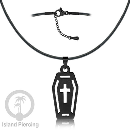 Necklace Halloween Kalung kulit dengan Liotin Stainless warna hitam motif gothic tengkorak, peti, sihir