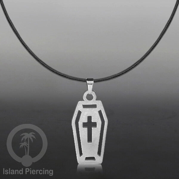 Necklace Halloween Kalung kulit dengan Liotin Stainless warna silver motif gothic tengkorak, peti, sihir