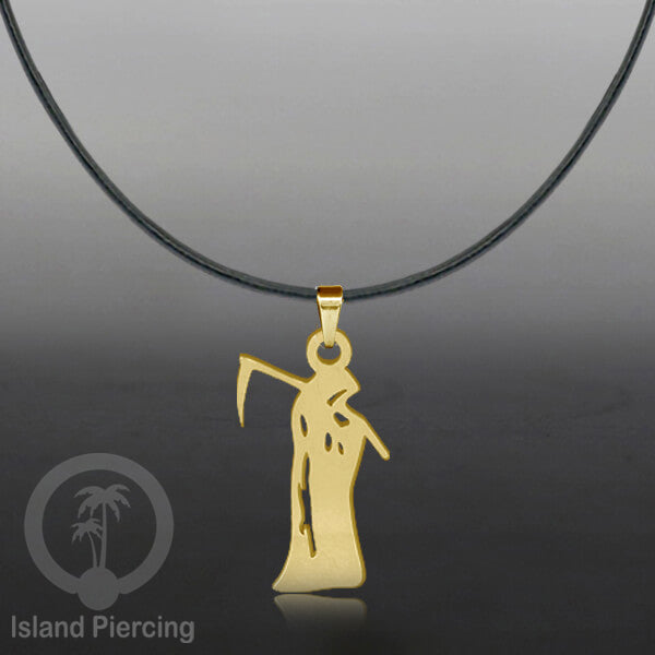 Necklace Halloween Kalung kulit dengan Liotin Stainless warna gold motif gothic tengkorak, peti, sihir