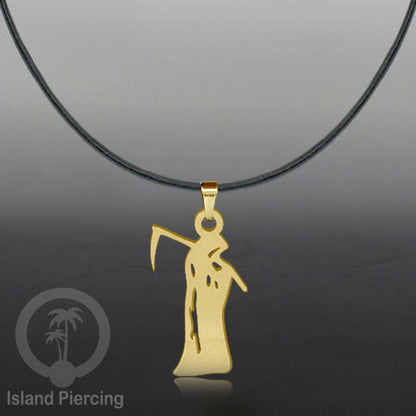 Necklace Halloween Kalung kulit dengan Liotin Stainless warna gold motif gothic tengkorak, peti, sihir