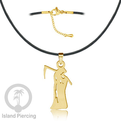 Necklace Halloween Kalung kulit dengan Liotin Stainless warna gold motif gothic tengkorak, peti, sihir