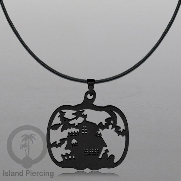Necklace Halloween Kalung kulit dengan Liotin Stainless warna hitam motif gothic tengkorak, peti, sihir