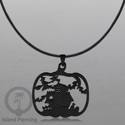 Necklace Halloween Kalung kulit dengan Liotin Stainless warna hitam motif gothic tengkorak, peti, sihir