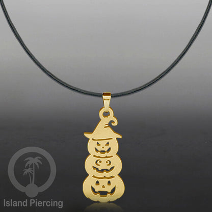 Necklace Halloween Kalung kulit dengan Liotin Stainless warna gold motif gothic tengkorak, peti, sihir