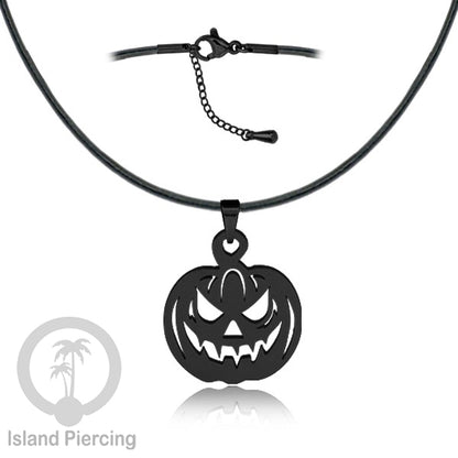 Necklace Halloween Kalung kulit dengan Liotin Stainless warna hitam motif gothic tengkorak, peti, sihir