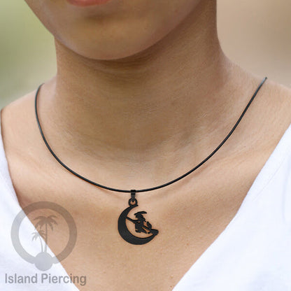 Necklace Halloween Kalung kulit dengan Liotin Stainless warna hitam motif gothic tengkorak, peti, sihir