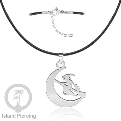 Necklace Halloween Kalung kulit dengan Liotin Stainless warna silver motif gothic tengkorak, peti, sihir