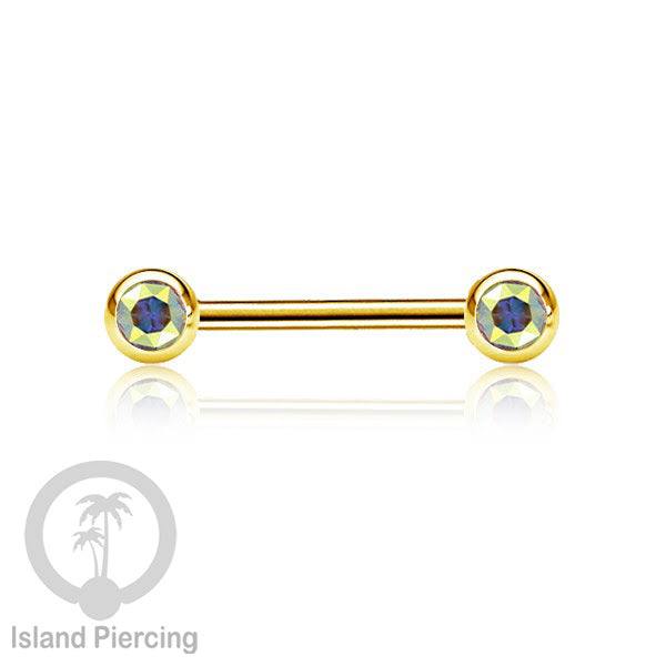 Steel nipple piercing, Steel barbells, Tindik puting stainless steel dengan kristal. Warna gold.