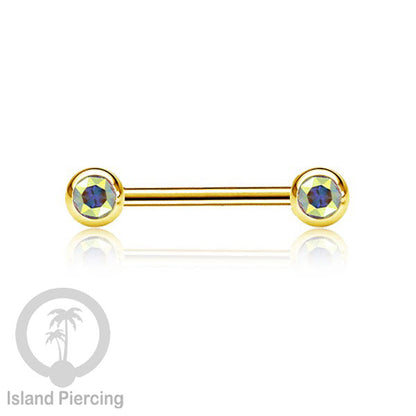 Steel nipple piercing, Steel barbells, Tindik puting stainless steel dengan kristal. Warna gold.