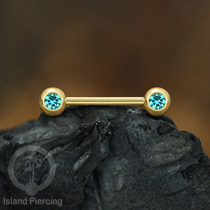 Steel nipple piercing, Steel barbells, Tindik puting stainless steel dengan kristal. Warna gold.